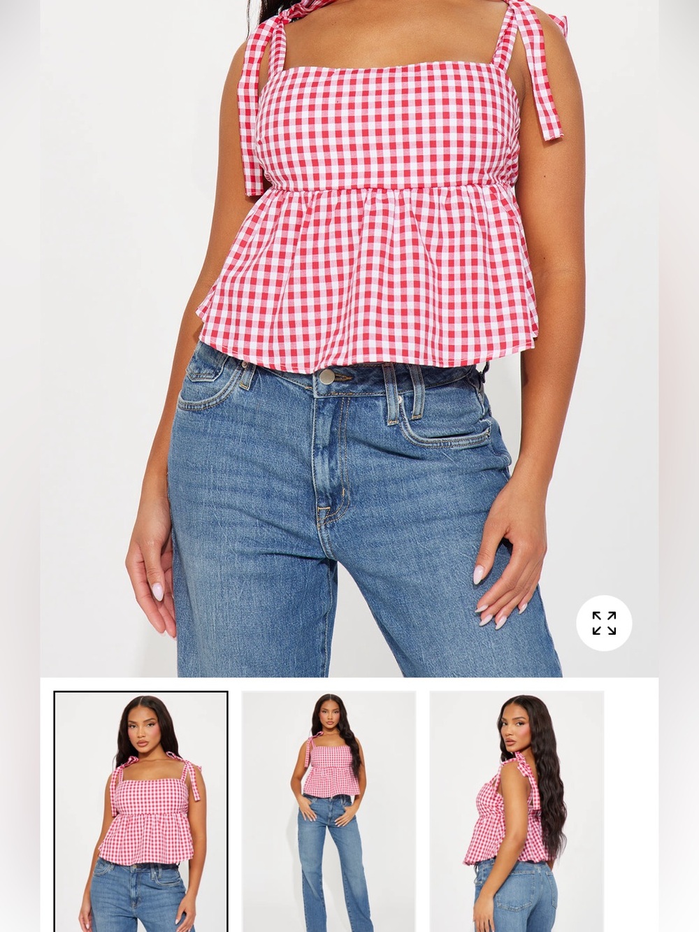 Fashion Nova Red Gingham Tie-Shoulder Peplum Tank